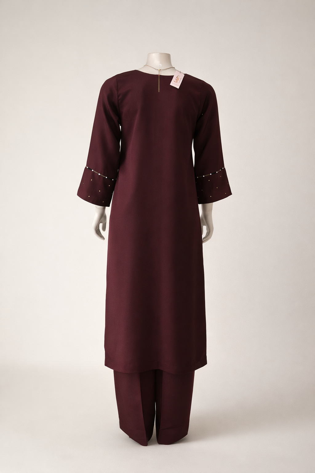 Elegant brown raw silk long shirt boutique pret suit full outfit view