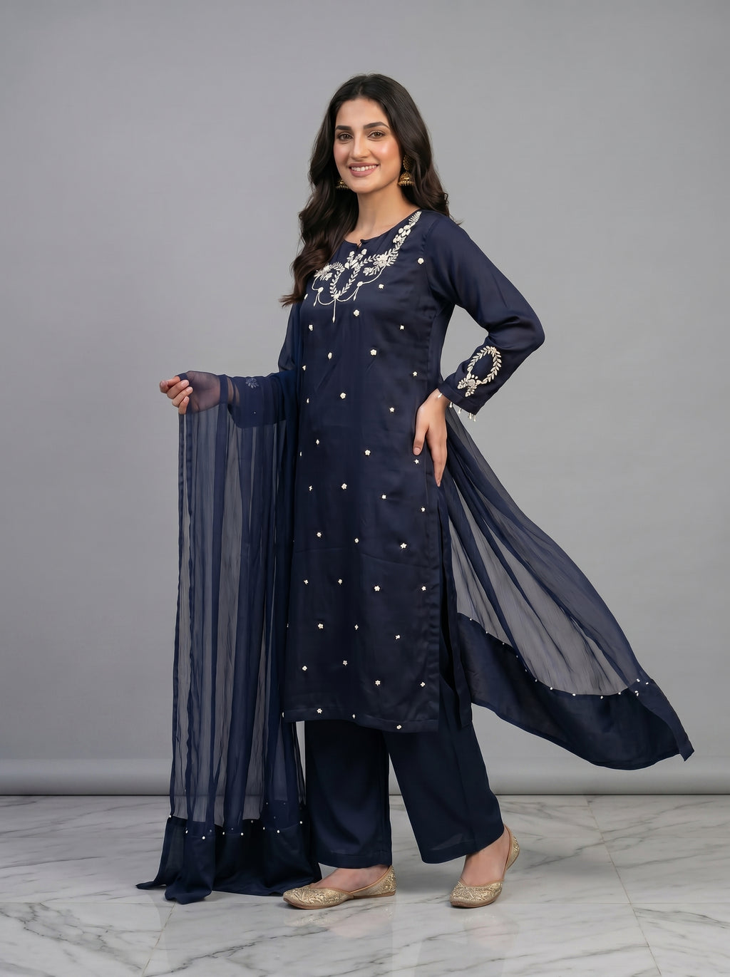 Hand Embroidered Work 3 Piece Suit with Organza Dupatta