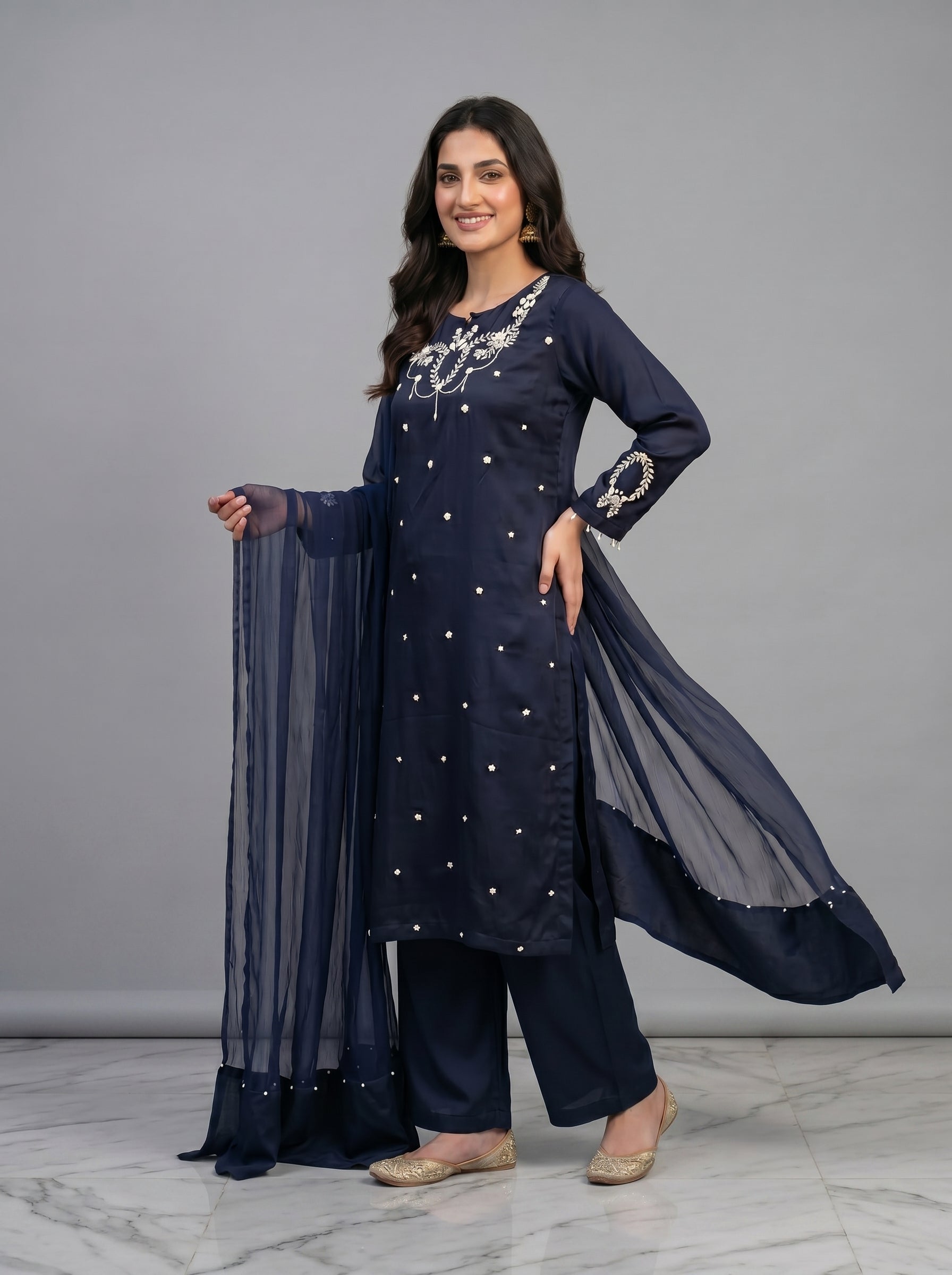 Hand Embroidered Work 3 Piece Suit with Organza Dupatta