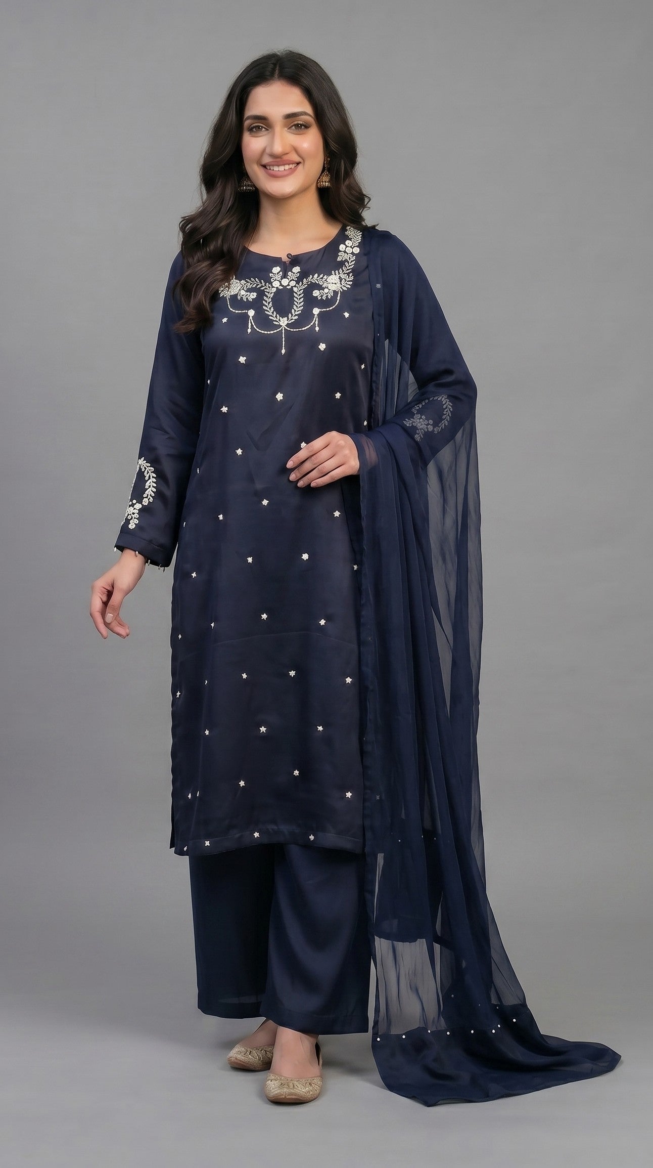 Hand Embroidered Work 3 Piece Suit with Organza Dupatta