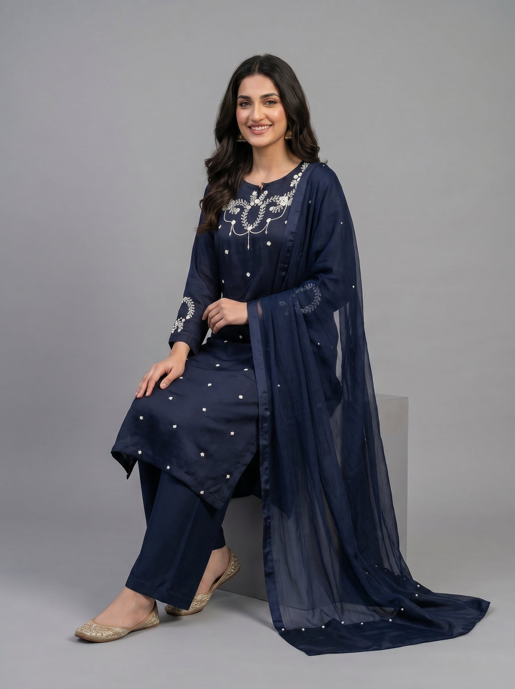 Hand Embroidered Work 3 Piece Suit with Organza Dupatta