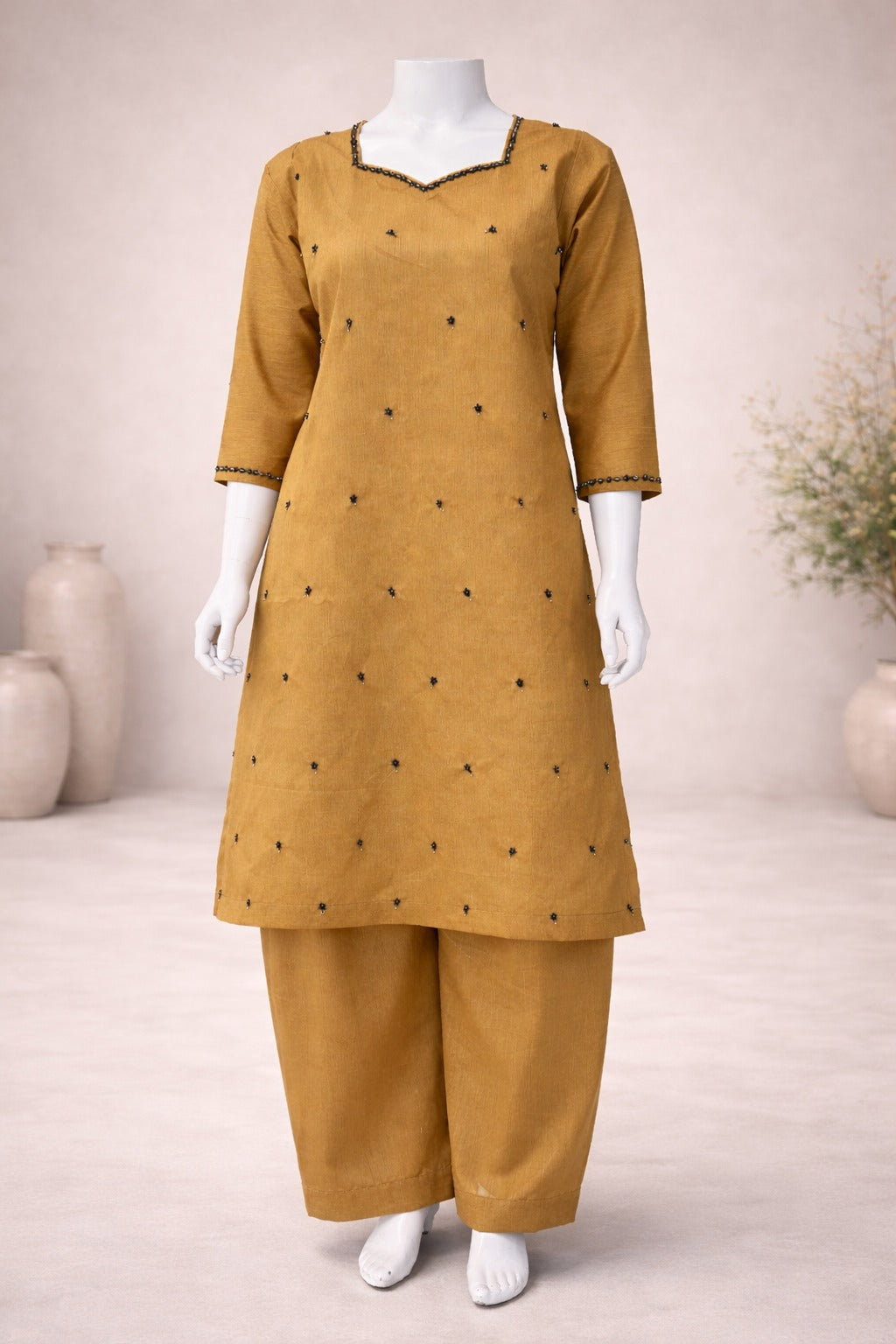 Mustard raw silk 2 piece suit full outfit view – luxury formal wear for women