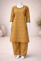 Mustard raw silk 2 piece suit full outfit view – luxury formal wear for women