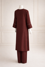 Elegant brown raw silk long shirt boutique pret suit full outfit view Backside