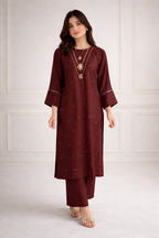 Luxury brown raw silk hand embroidered pret suit styled on model