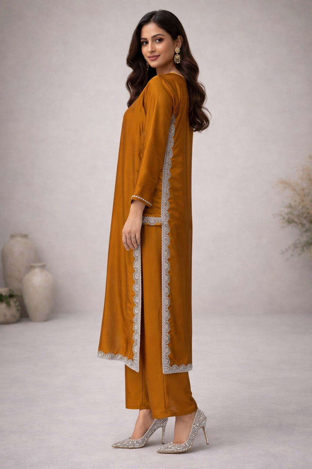 Hand Embroidery Long Shirt 2 Piece Suit
