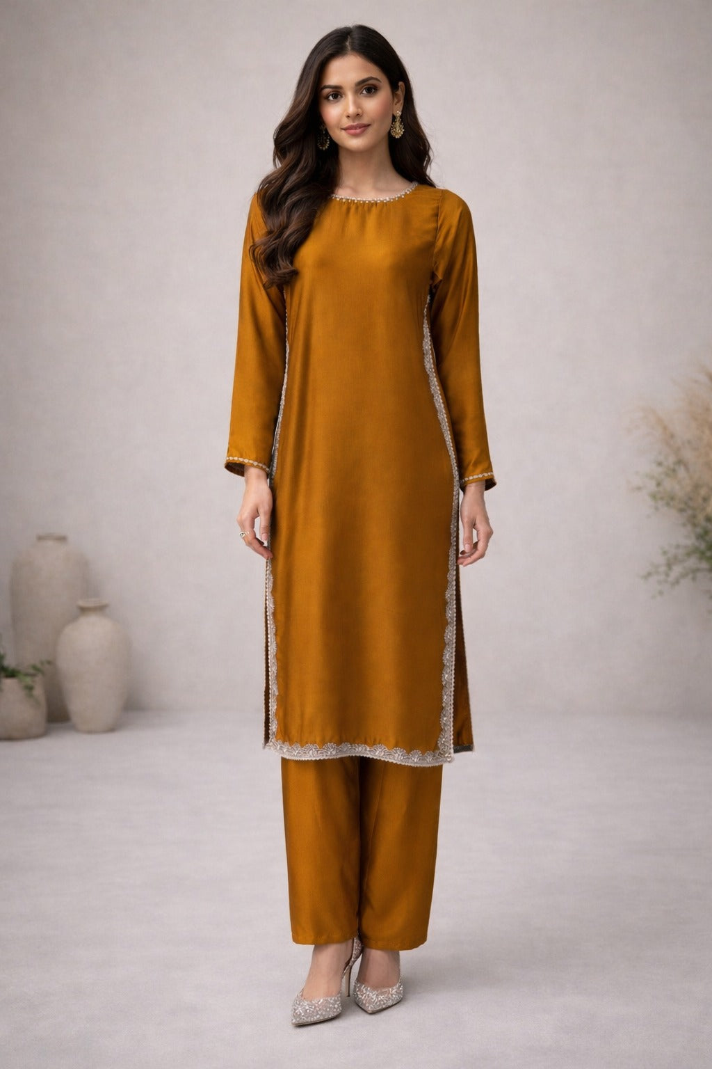 Hand Embroidery Long Shirt 2 Piece Suit