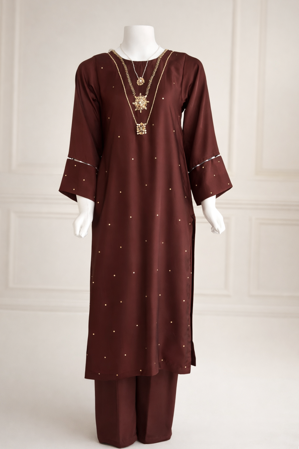 Brown raw silk long shirt suit with delicate hand embroidery front view