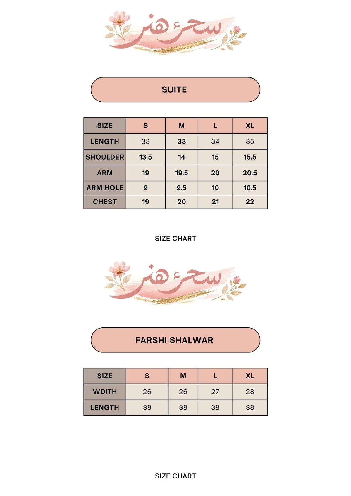 Size guide for Farshi Shalwar 2 Piece Kurta Suit