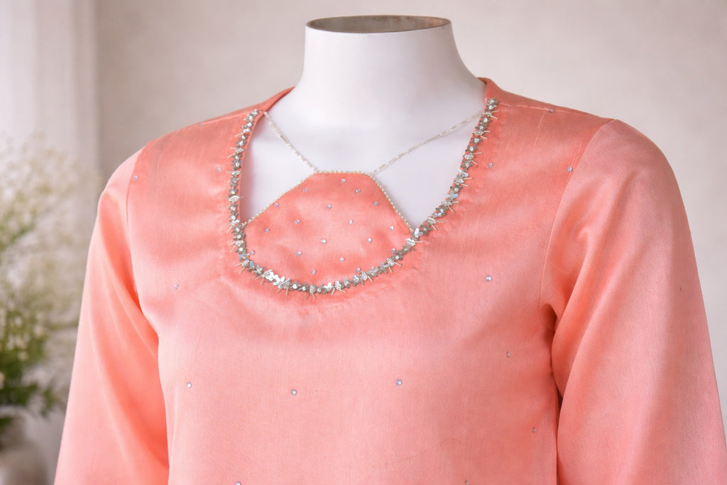 Hand Embellished Neckline Detail Peach Formal Suit