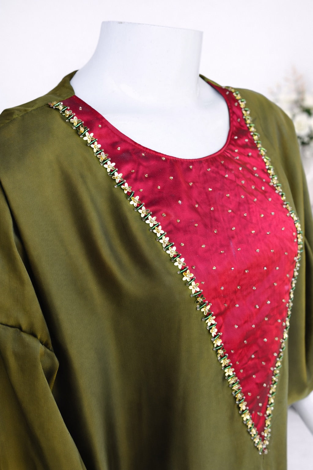 Long olive green satin silk modest kaftan full view