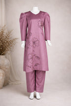 Luxury dusty rose raw silk kurta set with hand painted floral embroidery front view