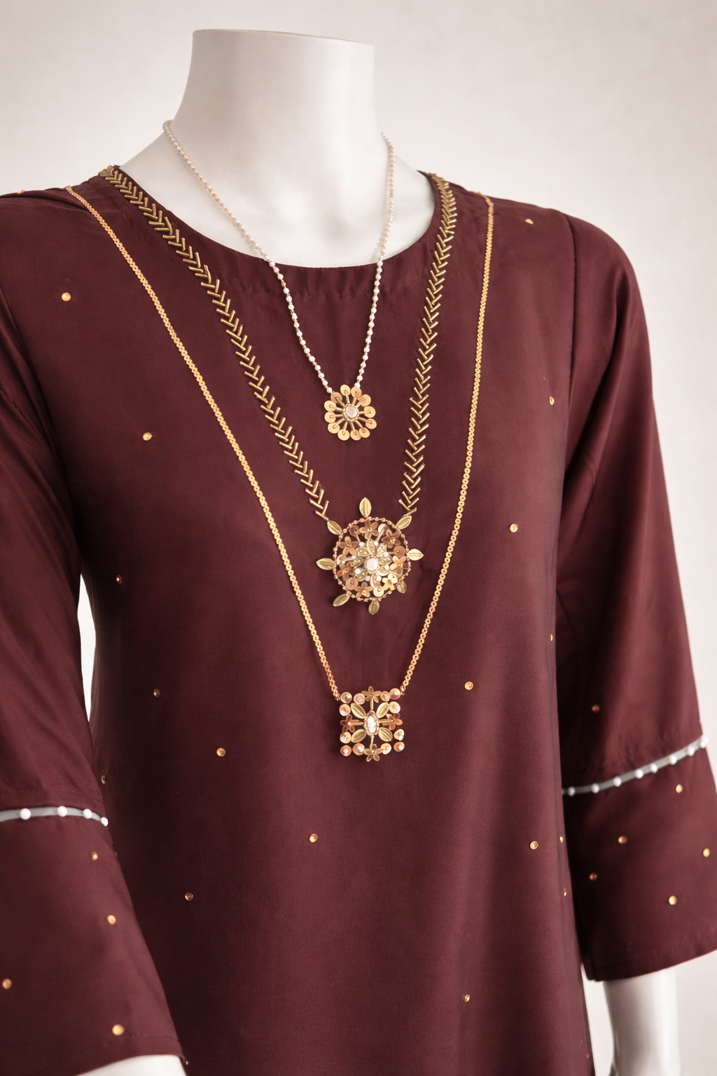 Luxury raw silk long shirt neckline hand embroidery detail