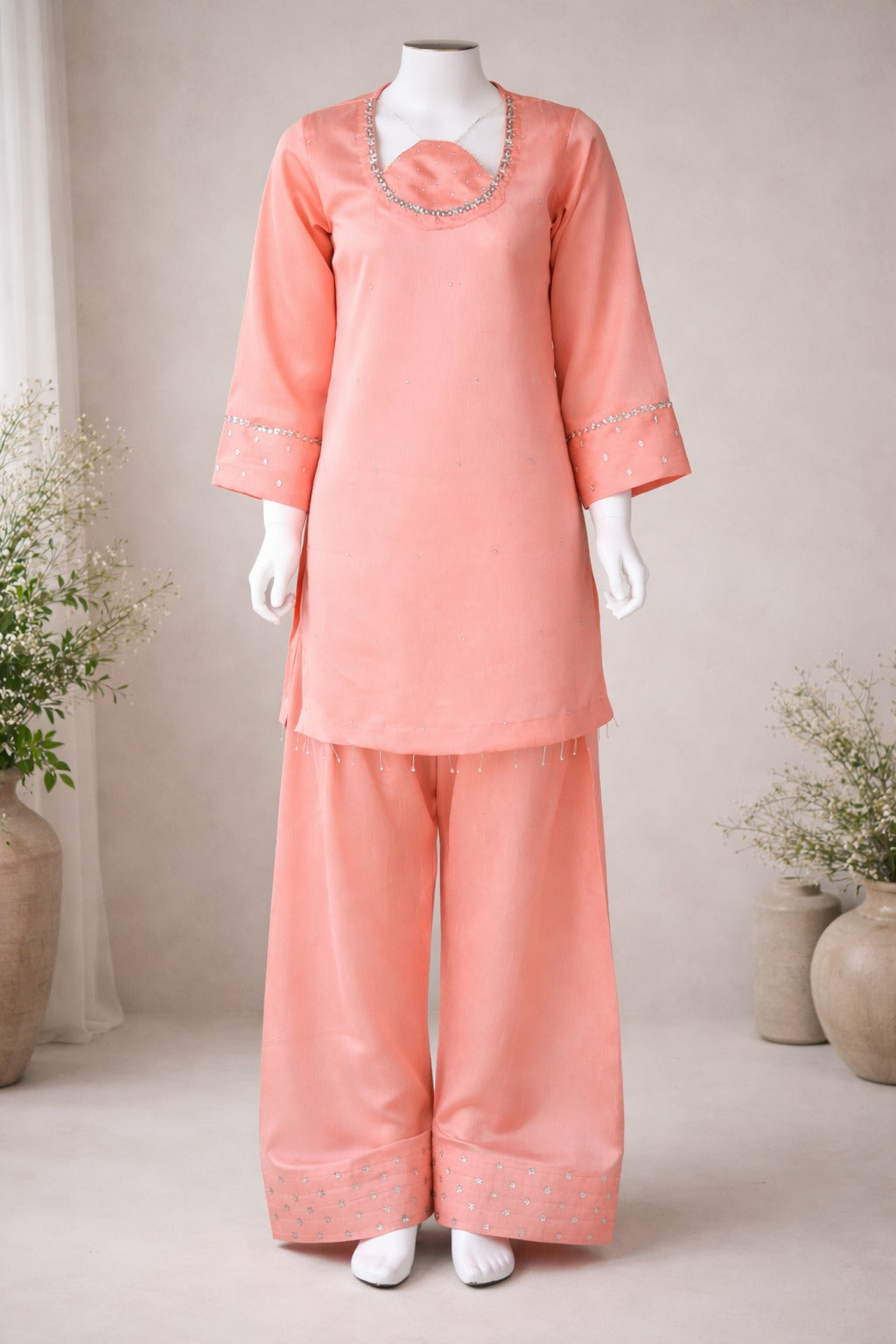 Peach Raw Silk Farshi Shalwar 2 Piece Suit Front View