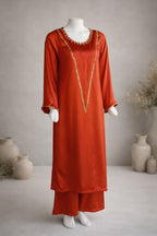 Rust Satin Silk Long Shirt with Capri 2 Piece Suit Front View