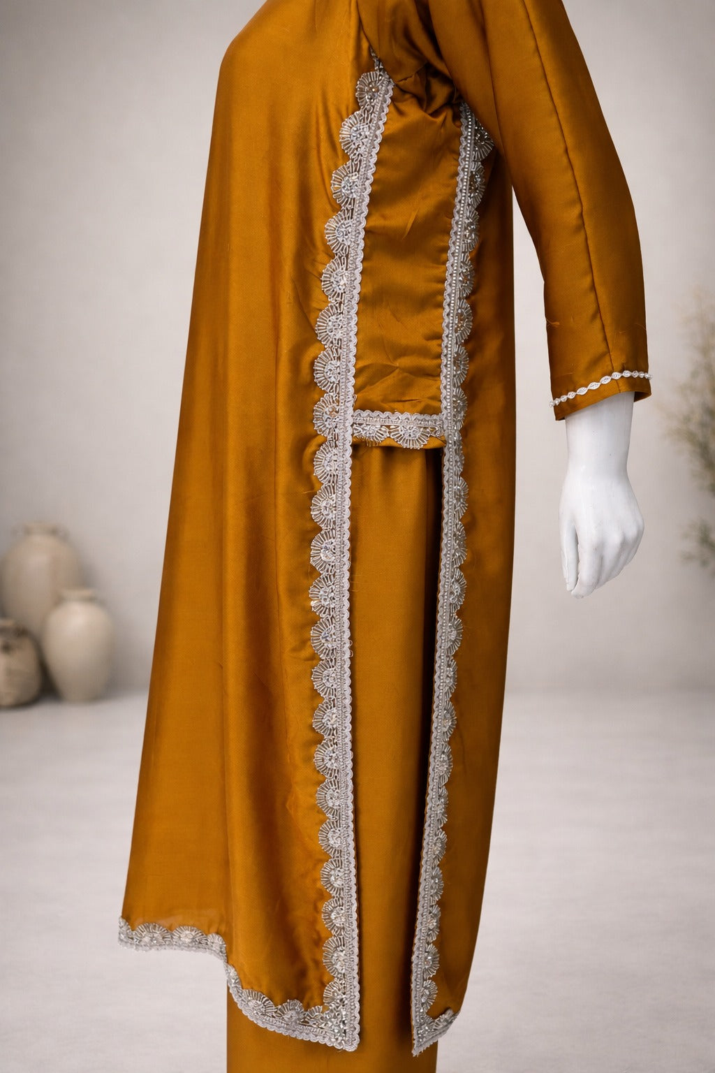 Satin silk hemline lace embroidery close up