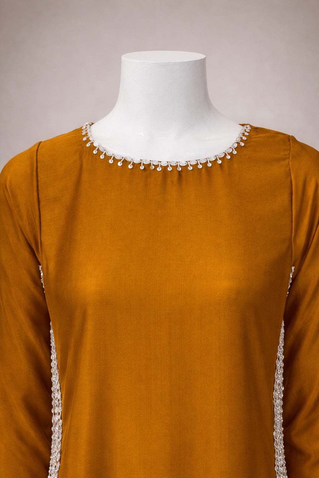 Satin silk long shirt neckline embroidery detail

