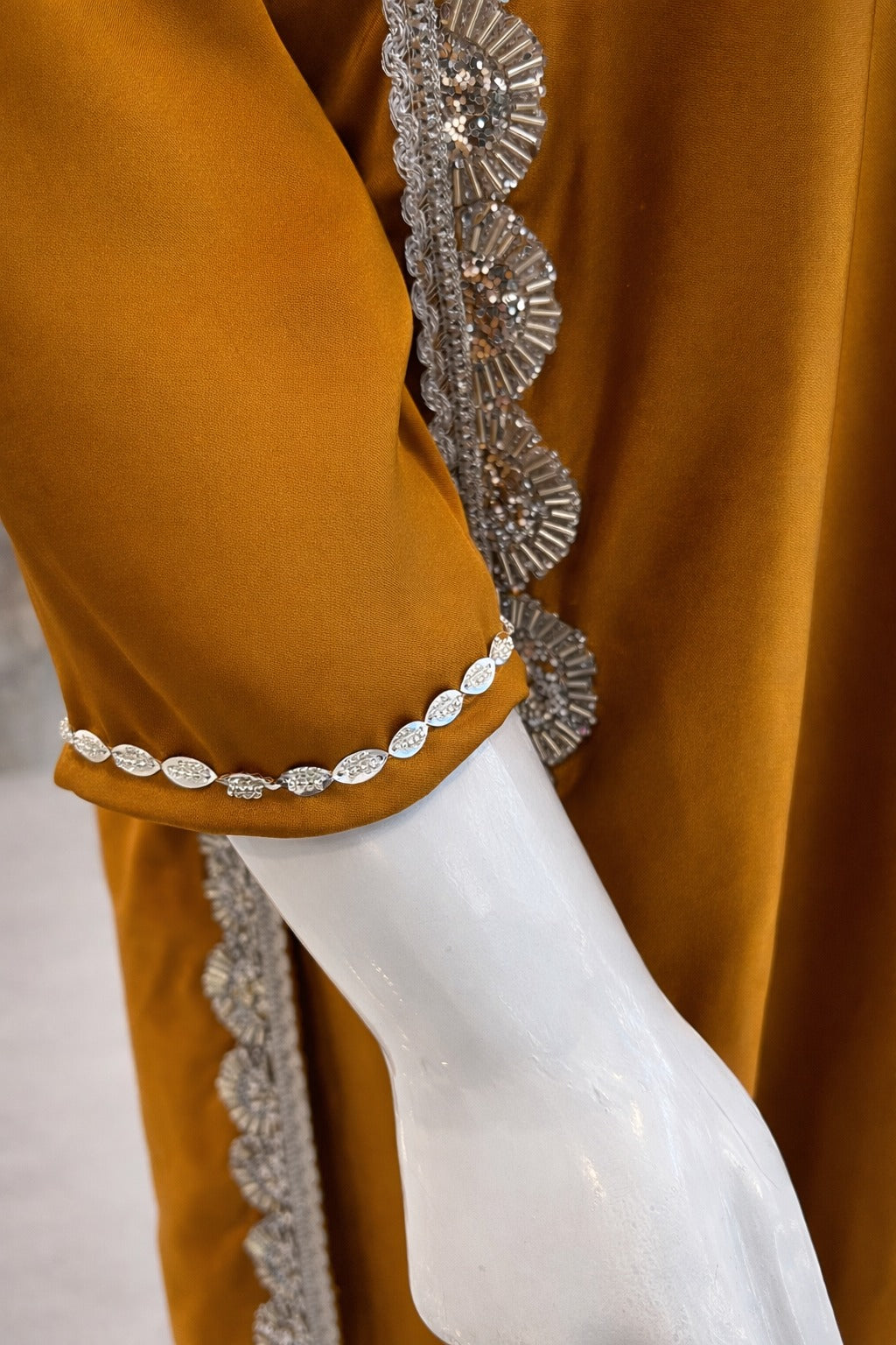 Embroidered lace sleeve detail mustard suit