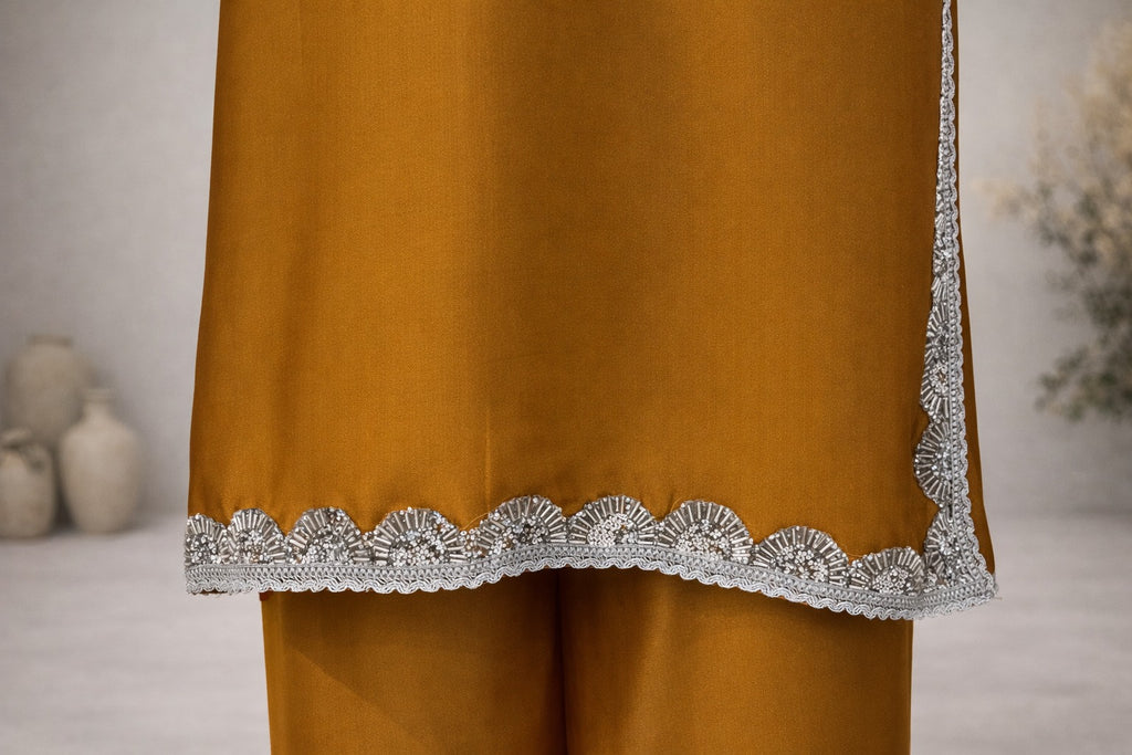 Satin silk hemline lace embroidery close up