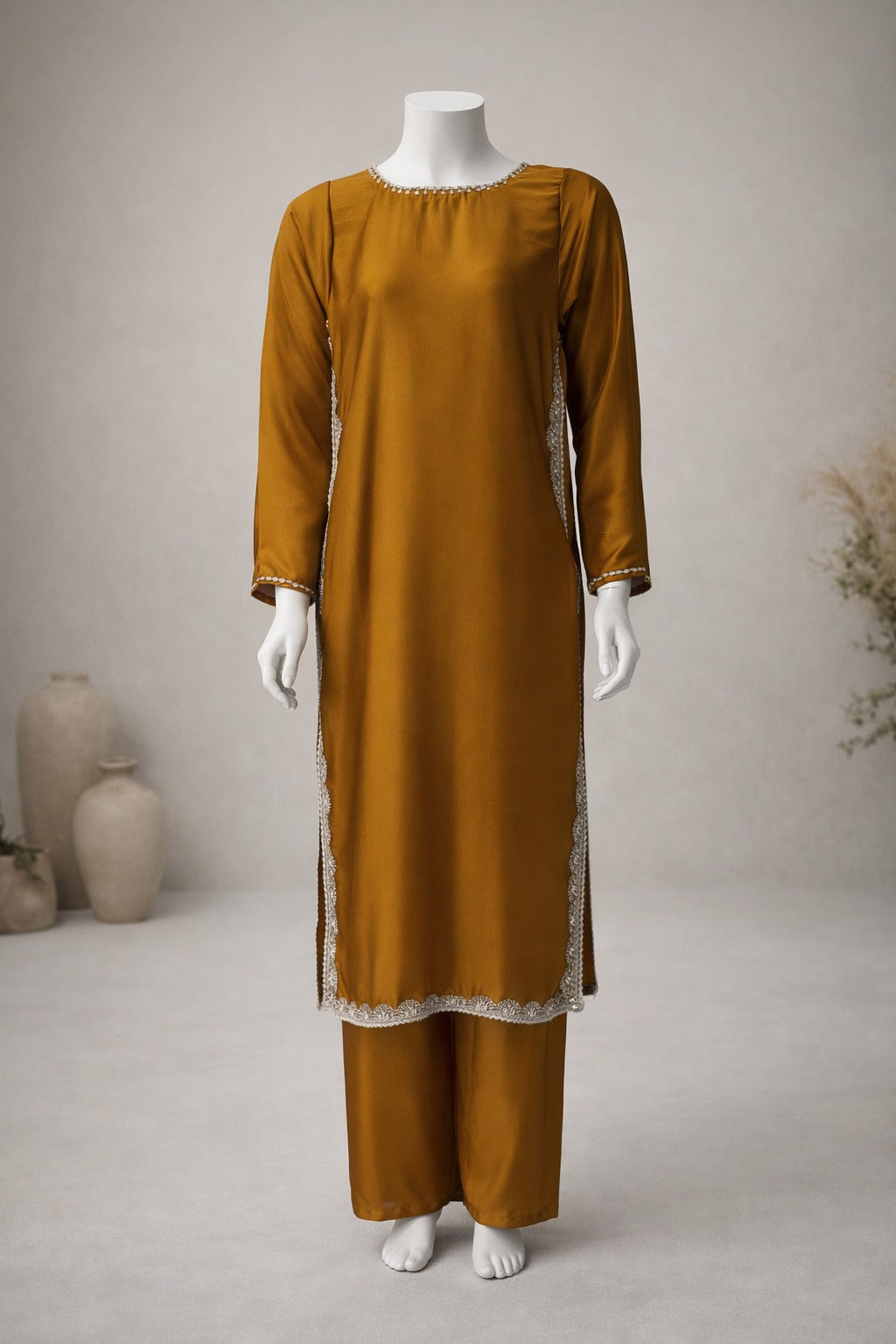 Mustard satin silk embroidered 2 piece suit front view