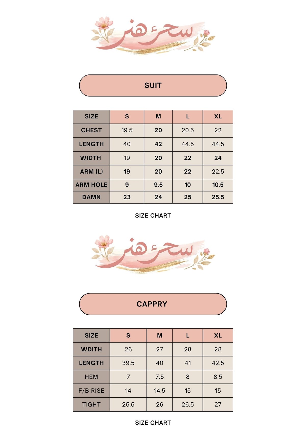 Size guide for Hand Embroidery 2 Piece Suit