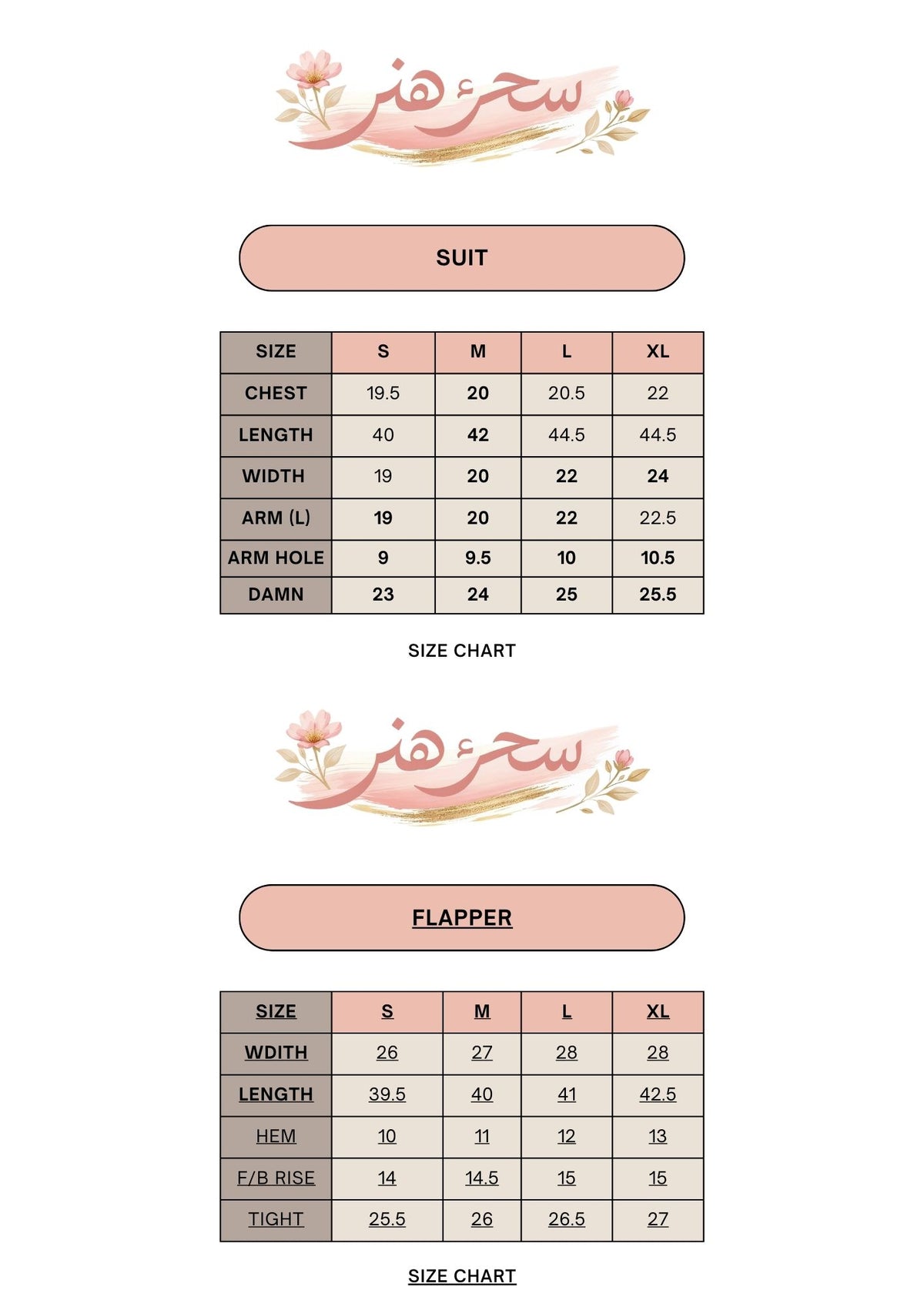 Size guide for Hand Embroidered Work 3 Piece Suit with Organza Dupatta