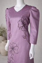 Women raw silk embroidered 2 piece suit in mauve pink with floral artwork