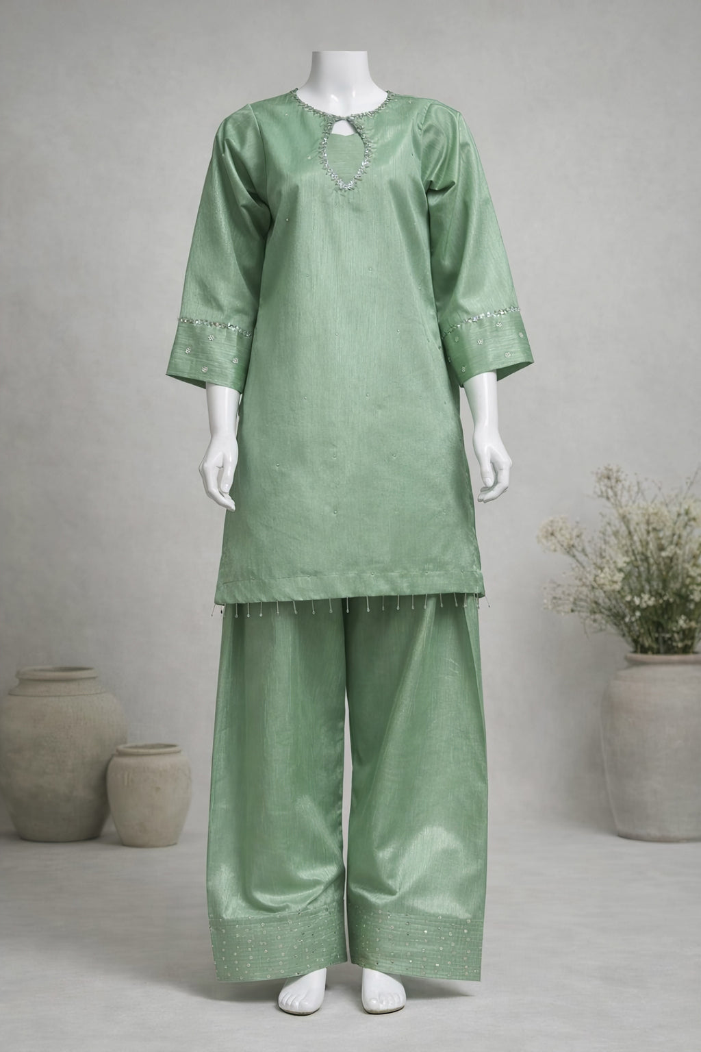 Elegant mint green embroidered farshi shalwar suit for women front view