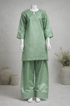 Elegant mint green embroidered farshi shalwar suit for women front view