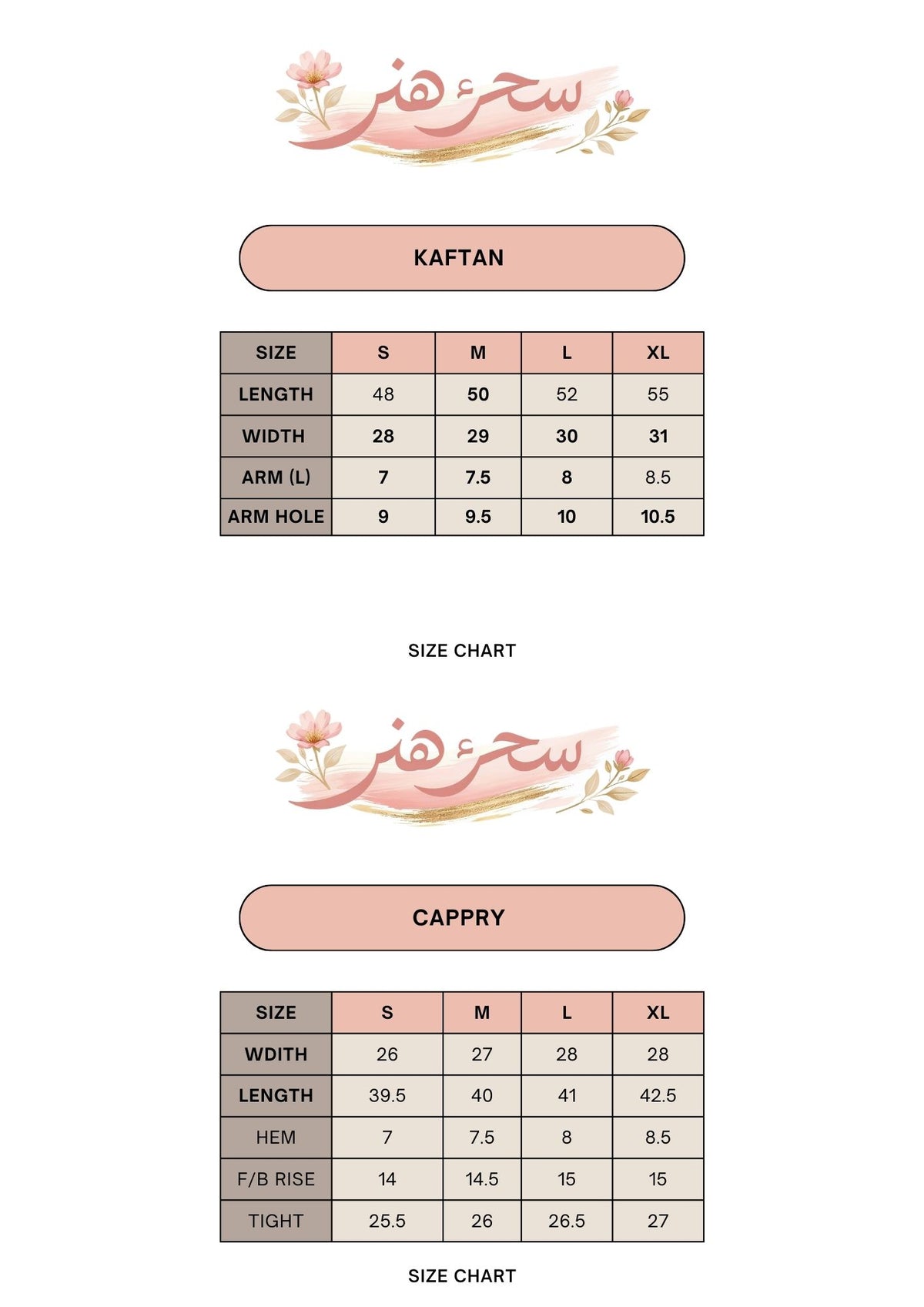 Size guide for Kaftan with Neck Panel Embroidery - 2 piece